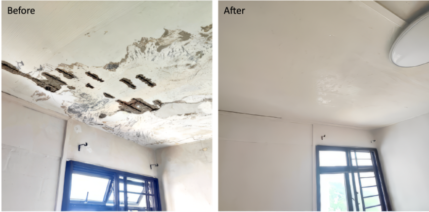 Side-by-side comparison of a ceiling with severe concrete spalling before repair (left) and after repair (right)