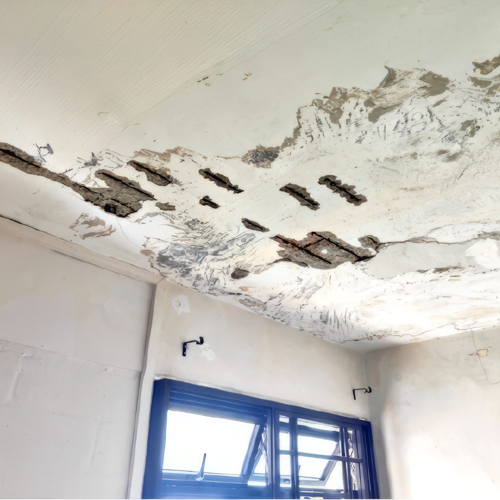 A spalled concrete ceiling with significant water damage and peeling paint showing exposed steel and plaster